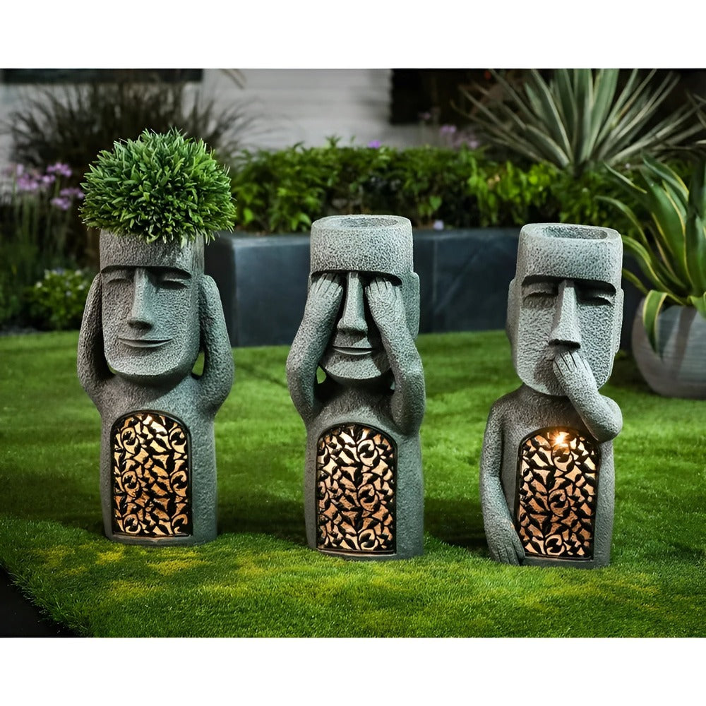 Solar Garden Sculpture Set Stone-Effect Human Figures
