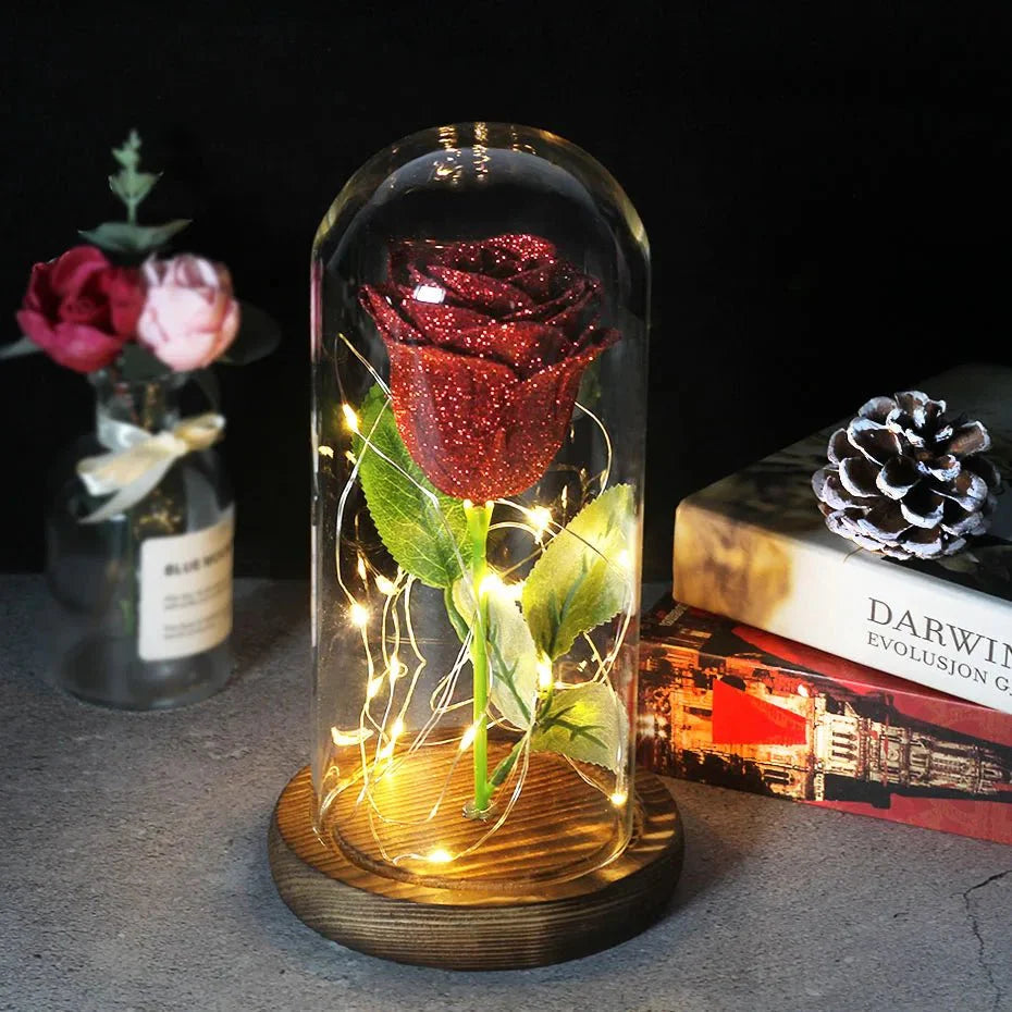 Preserved rose under glass bell jar with LED lighting