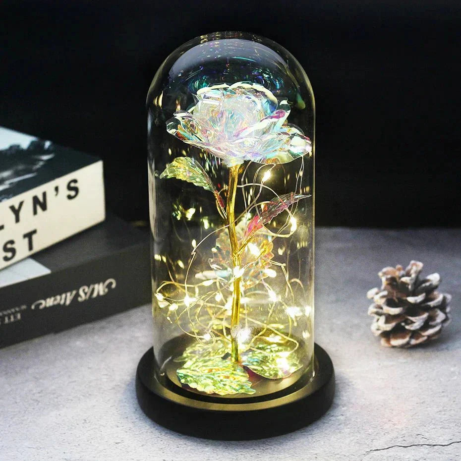 Preserved rose under glass bell jar with LED lighting